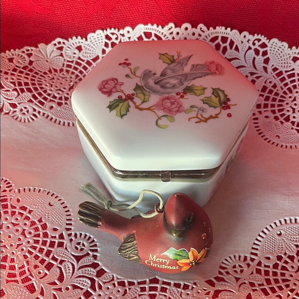 Porcelain Trinket Box & Hanging Cardinal Ornament Holiday Themed